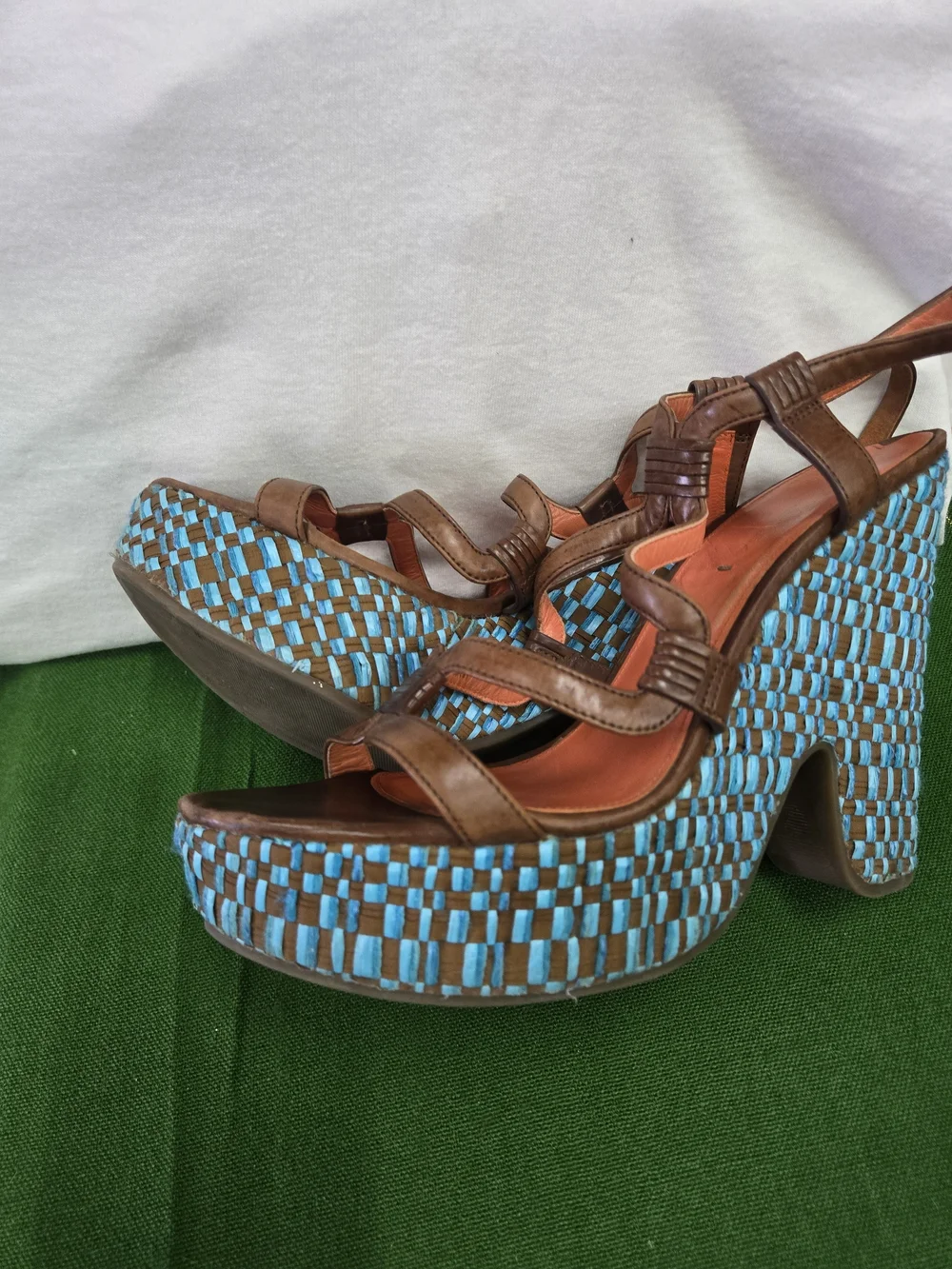 Via Spiga Brown Leather Strappy Platforms with Turquoise Woven Heel
